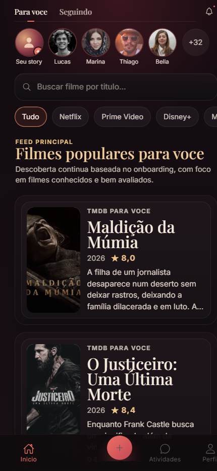 Tela do feed do aplicativo CineProsa